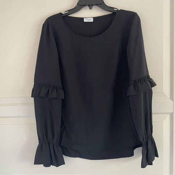 AKRIS Punto Silk Ruffle Sleeve Black long sleeve Top Size 8 37936 - Picture 1 of 8